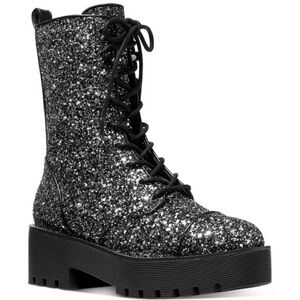 Michael Kors Bryce Silver Glitter Combat Boots size 6.5 Women lug sole EUC!